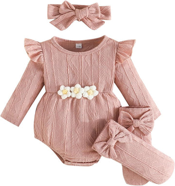 Newborn Infant Baby Girl Cotton Baby Romper Knitted 3d Flower Clothes Long Sleeve Warm Sweater Outfit With Socks