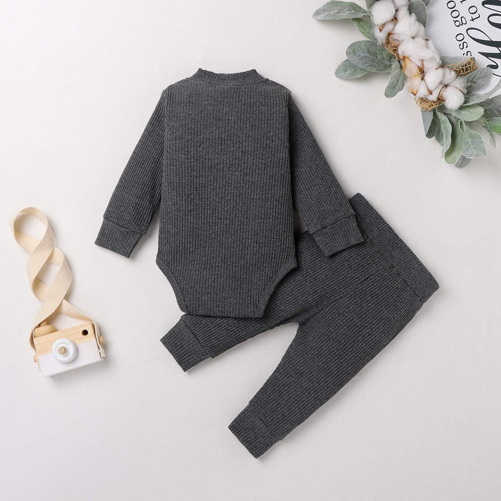 Newborn Infant Baby Boys Girls Fall Winter Clothes Ribbed Long Sleeve Romper Tops and Pants Outfits Set