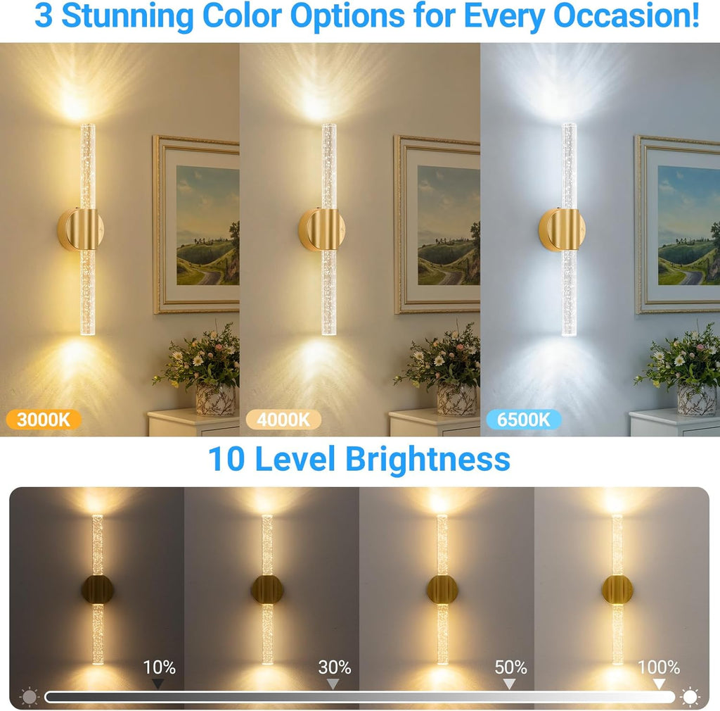 Peel and Stick on Gold Battery Operated Wall Sconces Set of 2, Rechargeable Magnetic Linear Wall Lights for Bedroom