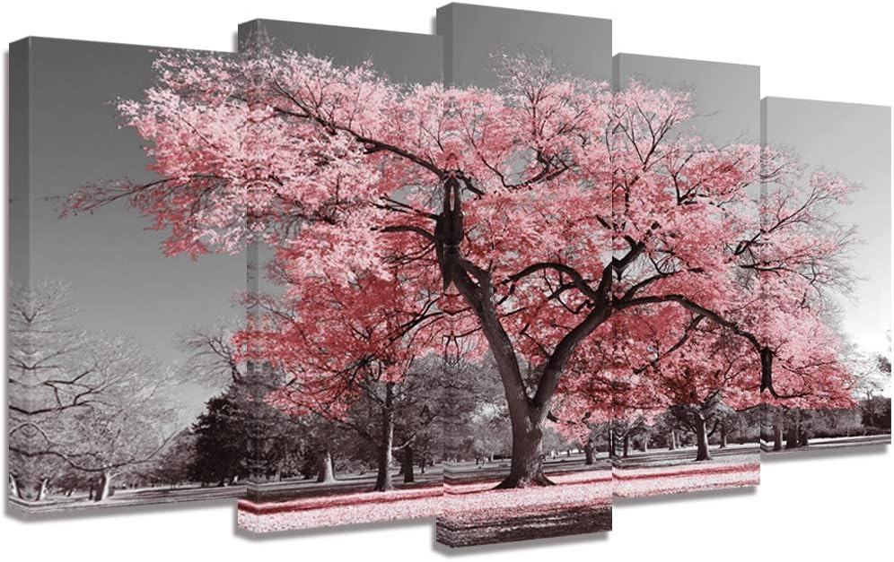 Large 5 Pieces Black and White Canvas Wall Art Pink Tree Landscape Picture Prints Framed and Stretched Painting Wall