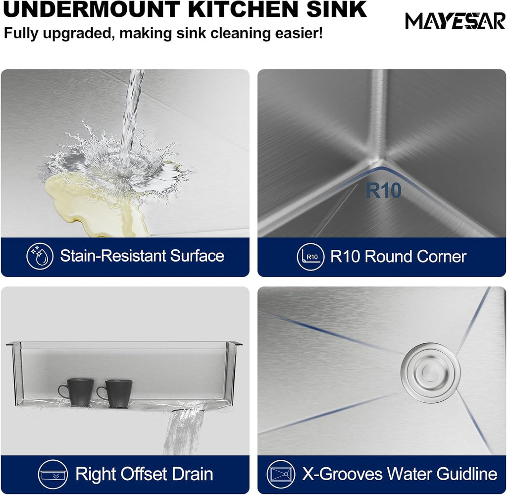 33 Inch Kitchen Sinks Undermount - 33" x 19" Stainless Steel Undermount Workstation 16 Gauge Single Bowl Deep Under
