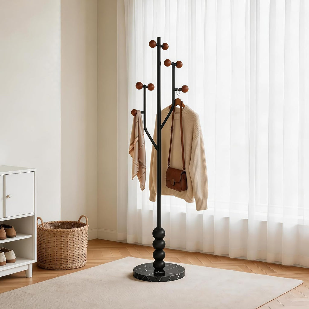 Freestanding Mid-Century Modern Tree Coat Rack | Freestanding metal rack with black marble base & wood spherical hooks