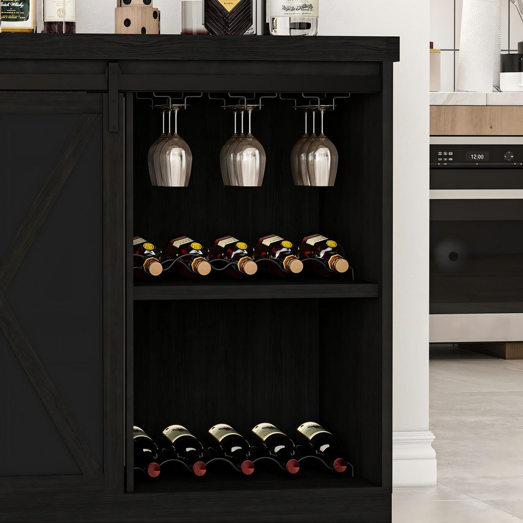 49'' Coffee Bar Cabinet with Fridge Space, Wine Cabinet with Rack, Power Outlet Living Room, Black