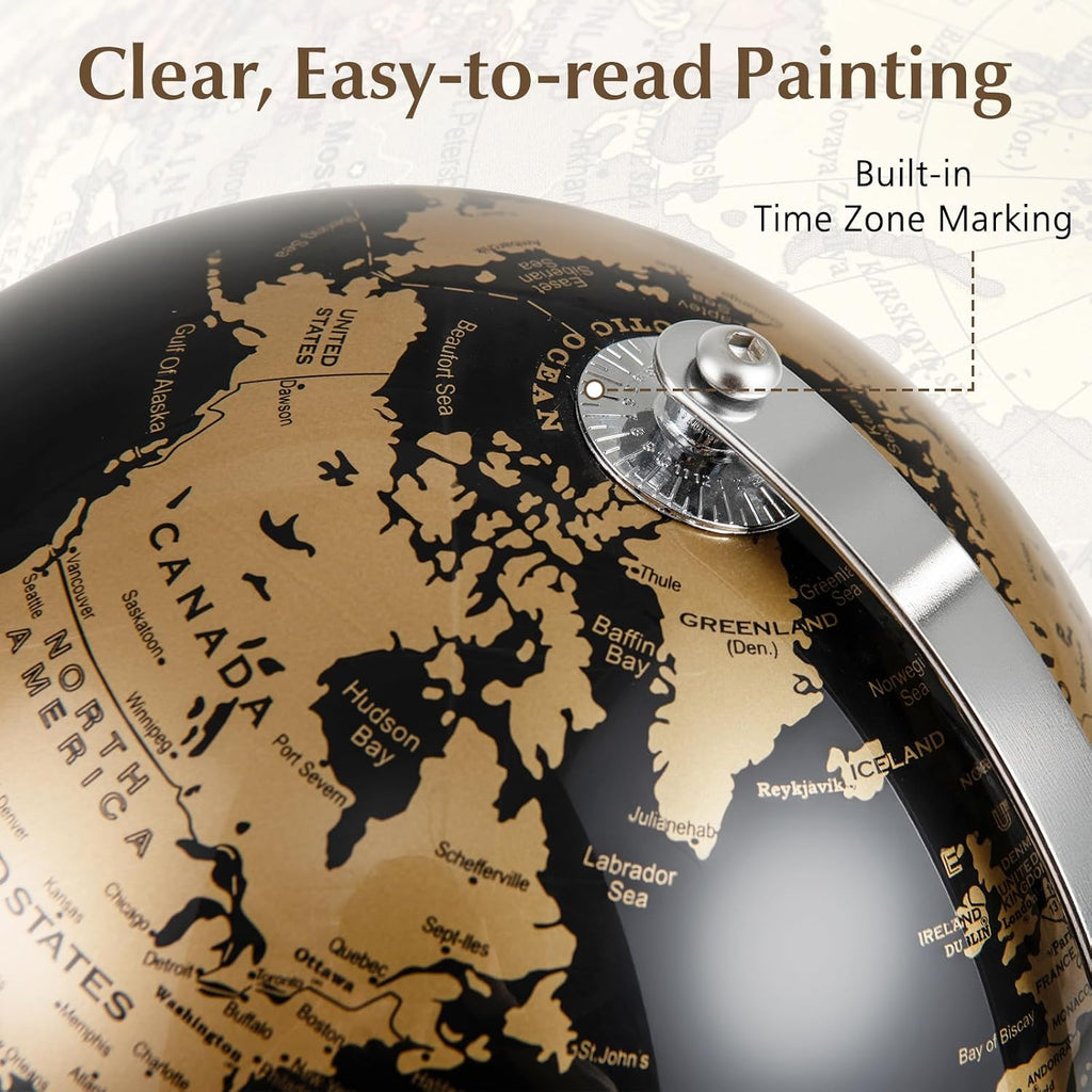8" World Globe, Black Earth Globe with Gold Accents, Metal Stand, Non-slip Base & Time Zone, Decorative Tabletop Desk