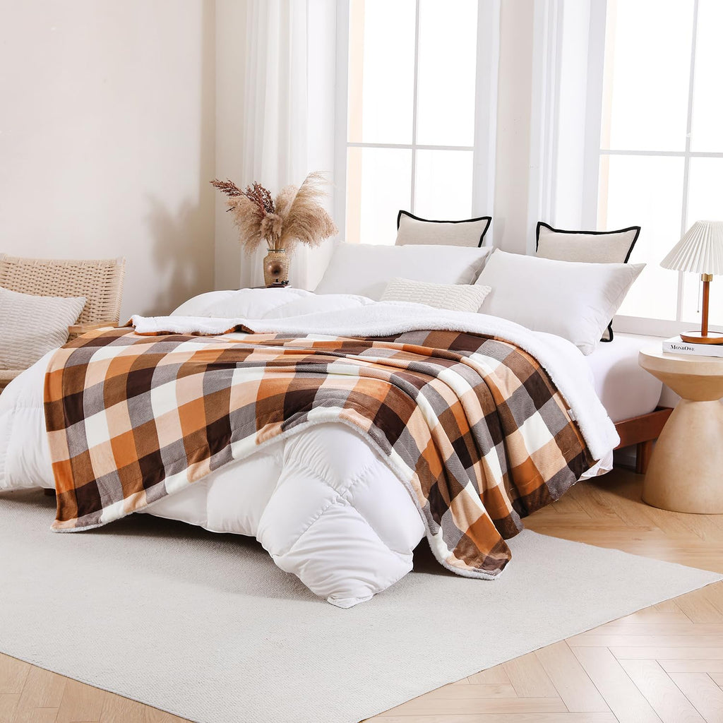 Buffalo Plaid Sherpa Fleece Throw Blanket, 60 x 80 inches, Orange