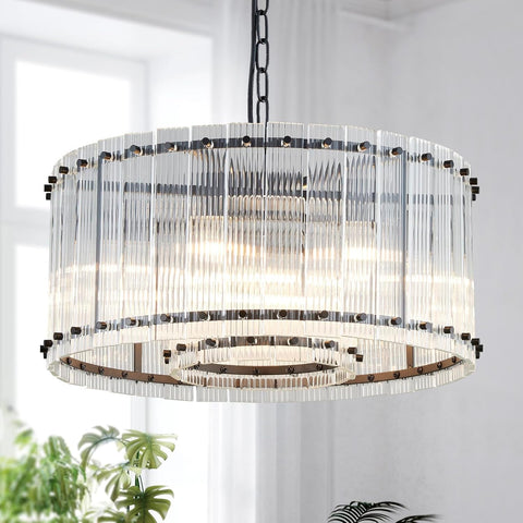 Modern Glass Chandelier Light Fixture, Doule Layer Drum Pendant Modern Chandelier Lighting with 7-Light, Black Finish A119-B0DJP4JWCL