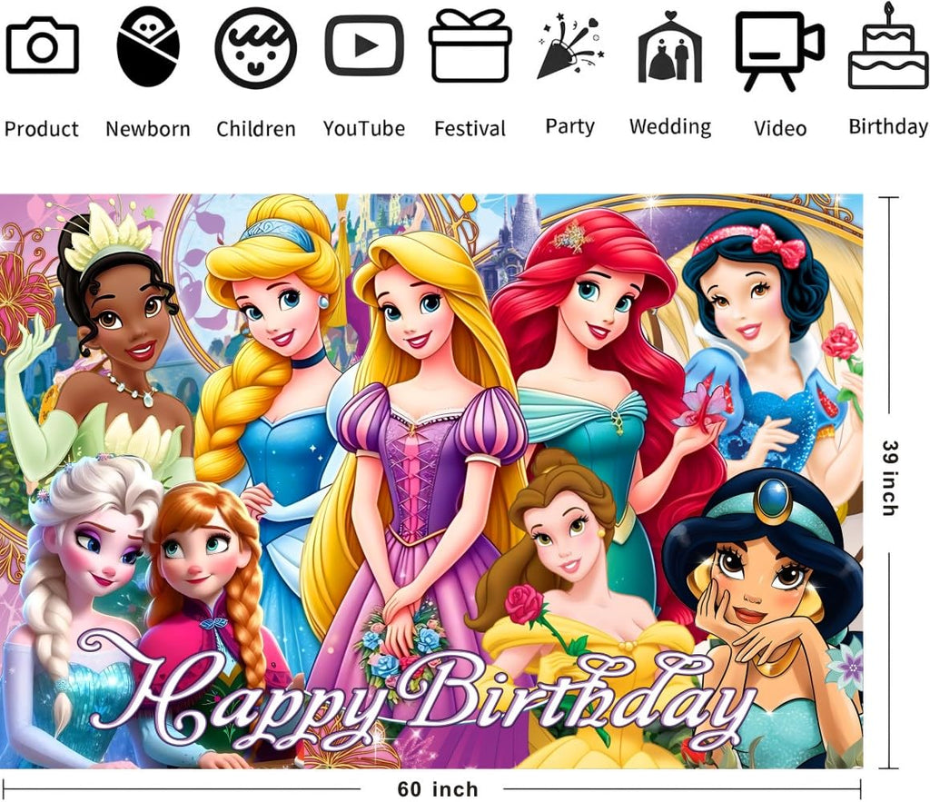 Princess Wall Decor Backdrop for Princess Themed Birthday Decorations, Green Polyester Banner for Birthday Party