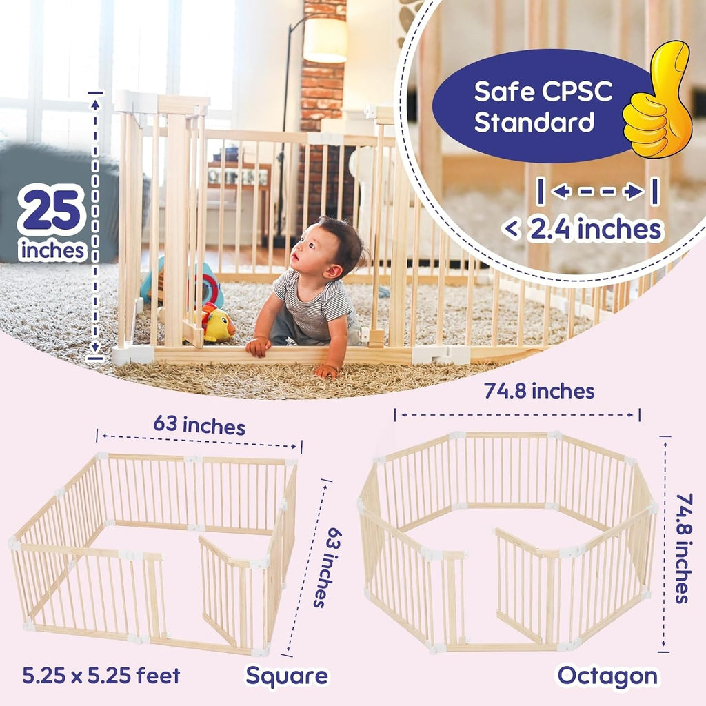 Foldable Wooden Playpen Baby Gate for Babies 3-18 Months-5.3x5.3 ft | 25" Tall Wood Playard Double-Locking for
