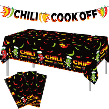 Chili Cook Off Decorations Set Chili Cook Off Banner Garland Chili Pepper Disposable Tablecloth Plastic Table Cover