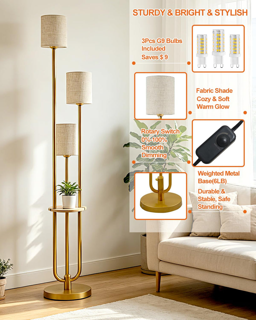 Dimmable Floor Lamp 3-Light Modern Floor Lamps with Table 3000K Warmwhite Gold Standing Lamp with 5Lbs Heavy Base