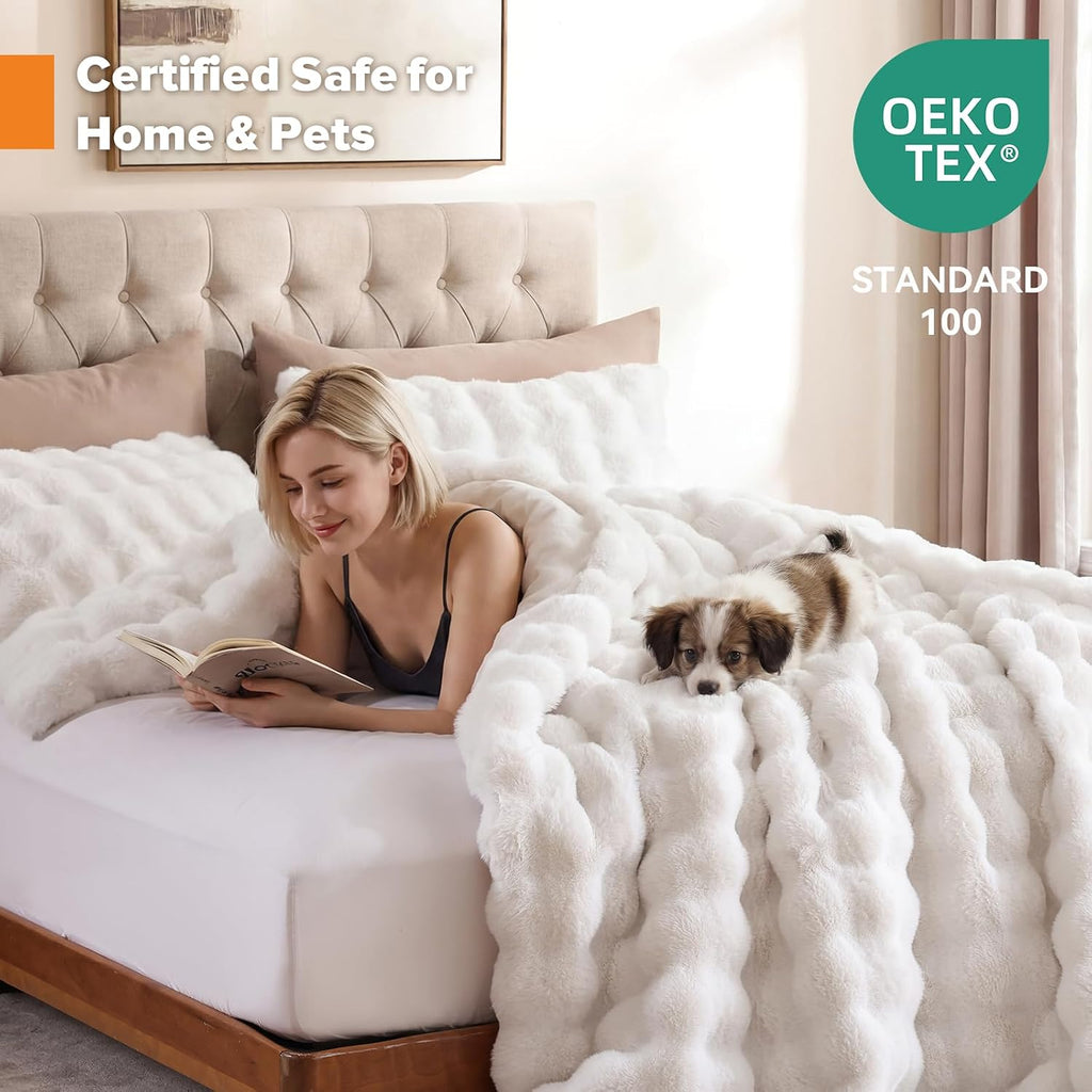 King Faux Fur Soft Comforter Set, Fluffy White Rabbit Fur Comforter | Warm Thick King Size Bedding Set,Super Fluffy