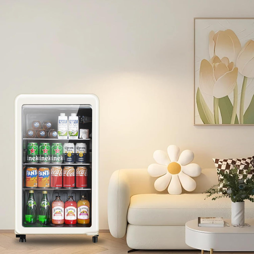 Retro Beverage Refrigerator, 3.2 Cu.Ft Mini Fridge with Glass Door, Vintage Free