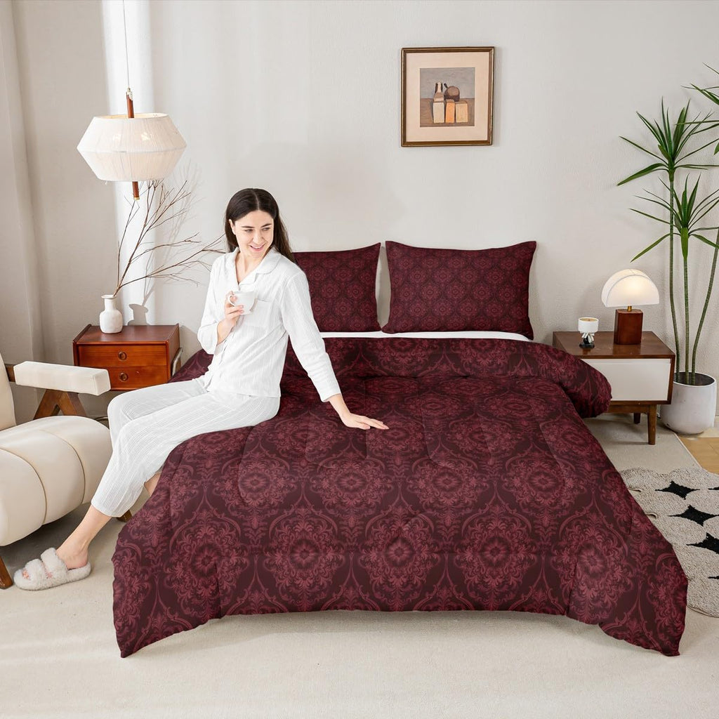 Vintage Red Gold Ombre Floral Comforter Boho Paisley Damask Bedding Comforter Set Full Victorian Baroque Gothic