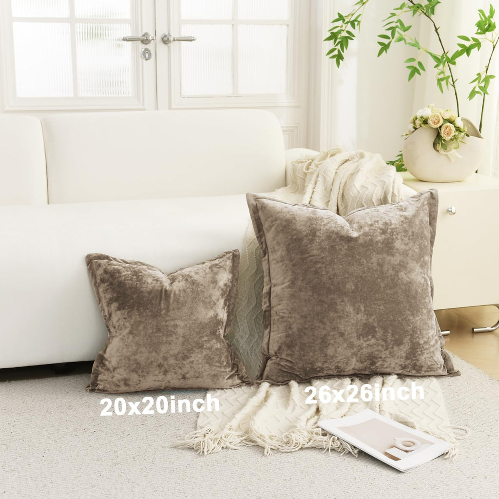 Greek Velvet Euro Sham Covers Set of 2 26x26 Luxury Soft Solid Pillow Covers Bedroom Yard, Brown