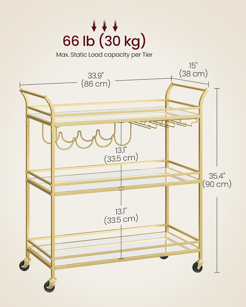 Bar Cart Gold, Large Home Bar Serving Cart with 3-Tier Mirrored Shelf, Wine Holders, Glass Holders, Kitchen, 15 x