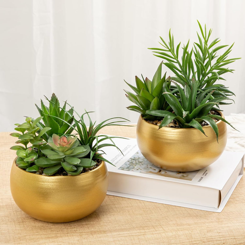 Fake Succulents in Gold Metal Pot, Artificial Succulent Plants Arrangement Decor, Small Faux Potted Plants Tabletop