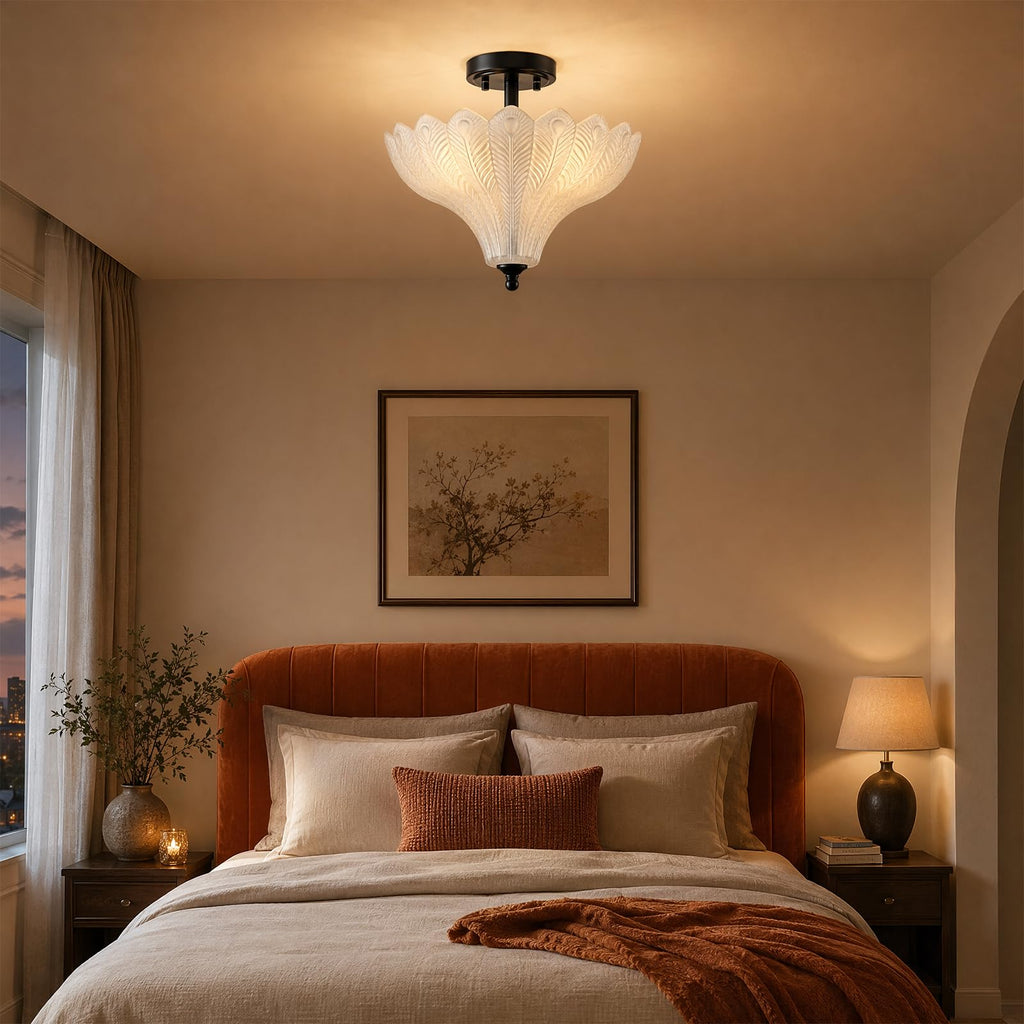Black Ceiling Light 3-Light Semi-flush Mount Milk Feather Glass Shade