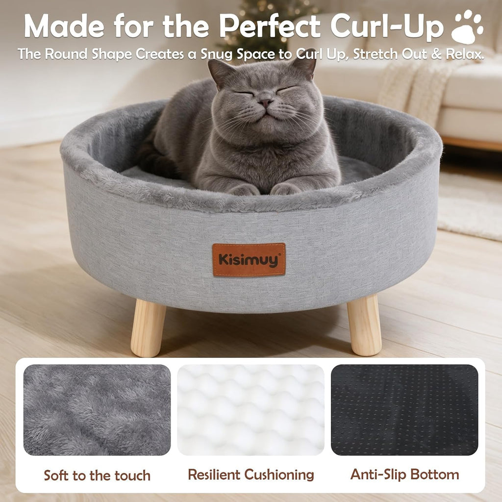 Raised Cat Bed Wooden for Indoor Cats, Cute Cat Couch with Cushion