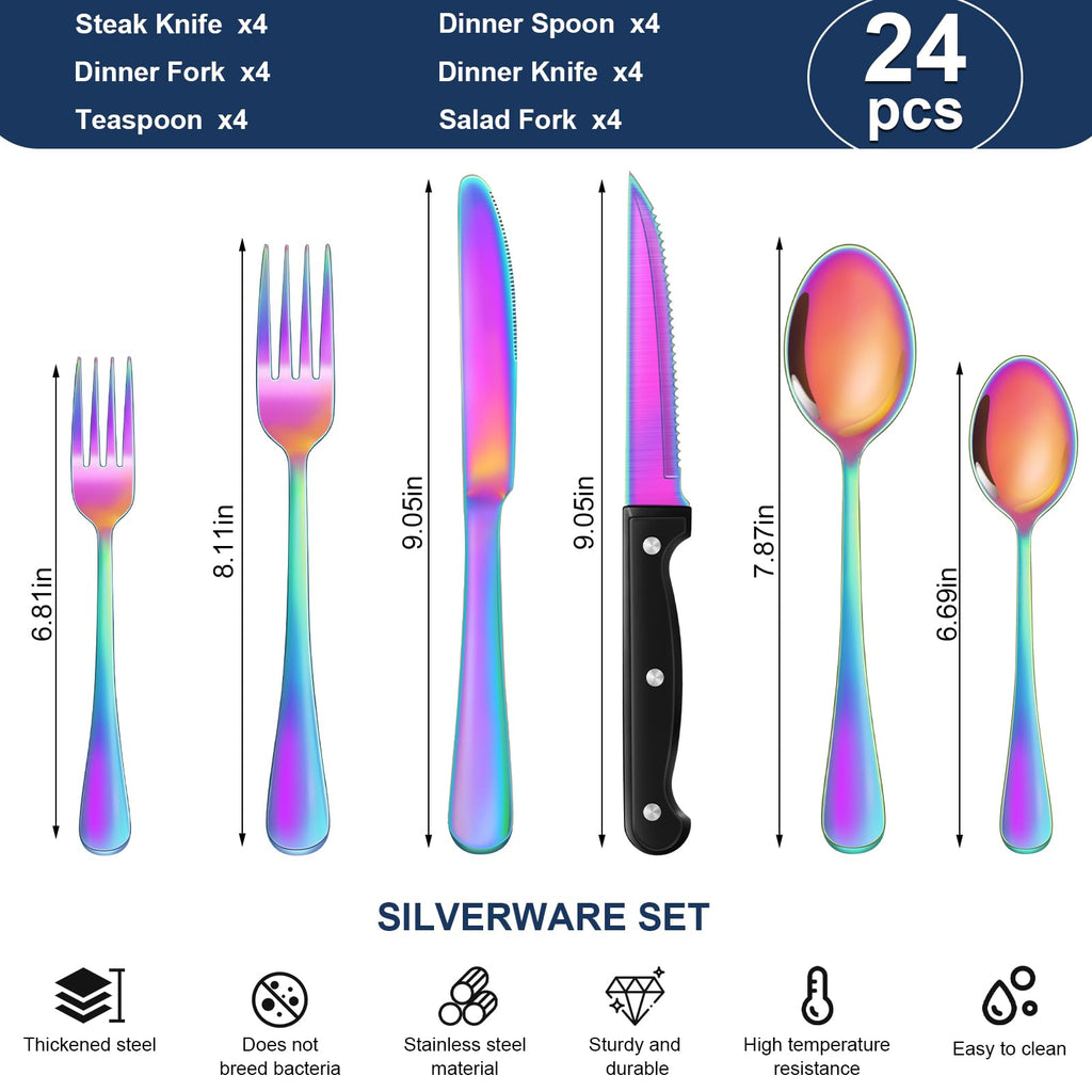 24-Piece Rainbow Silverware Set with Steak Knives Stainless Steel Flatware Set for 4 Food Grade Tableware Cutlery Set
