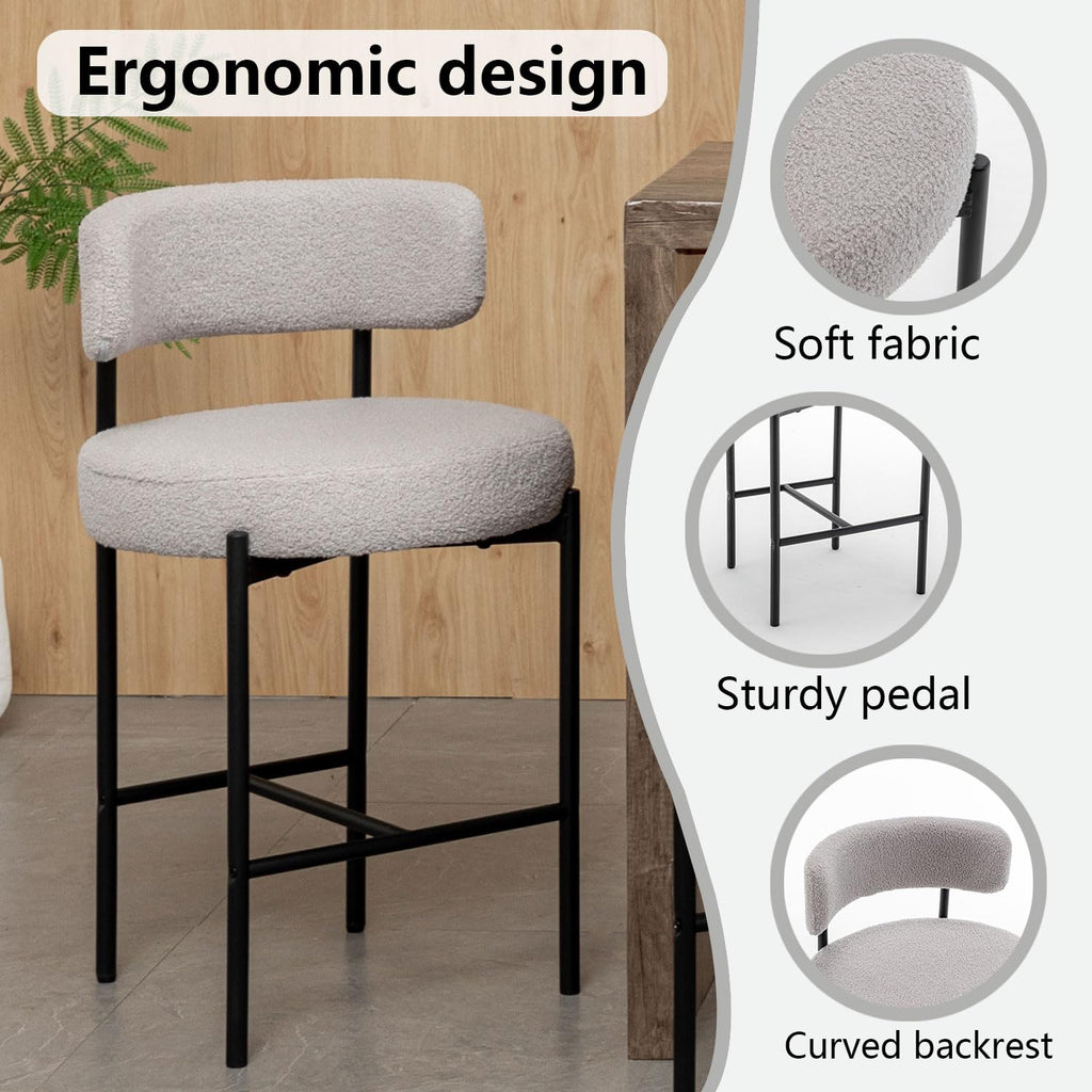 Boucle Bar Stools Set of 4, 24" Modern Counter Stools with Backs, Grey Upholstered Bar Stool Island, Cafe