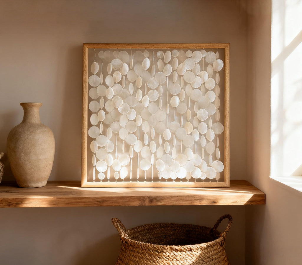 3D Handmade 24"x24" Capiz Shell Wall Hanging Decor, Solid Wooden Framed Coastal Wall Decor, Minimalist White Sea