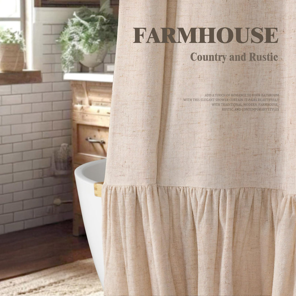 Farmhouse Shower Curtain Ruffle Linen Beige 72" W x 84" L