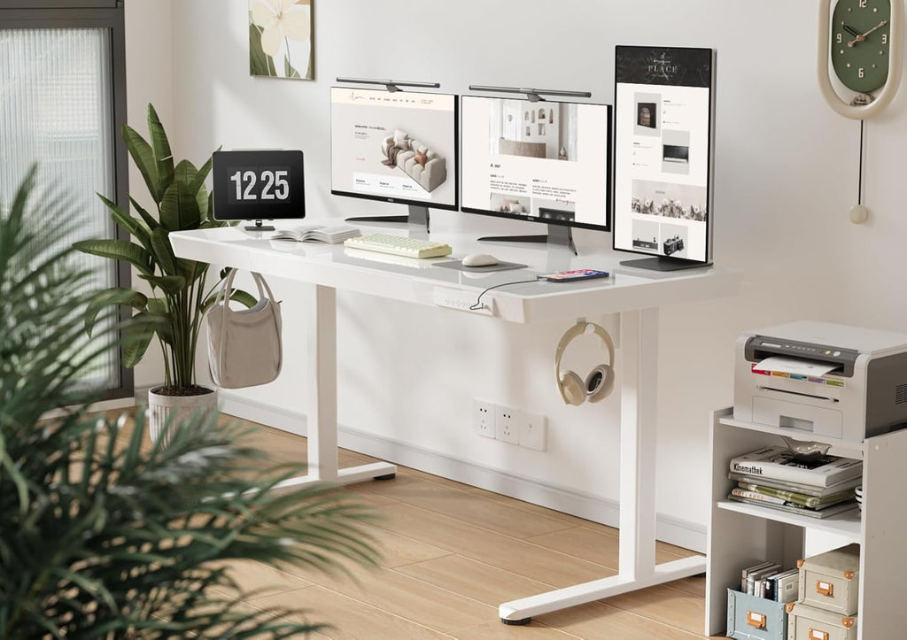 Glass Standing Desk with Drawers & USB Ports 55x24 Inch, White | 3 Steps Quick Install, 2 Zones Drawer, USB Ports