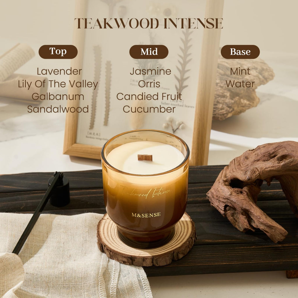 9.9oz Natural Soy Wax Jar Candle with Wooden Wick | Teakwood Intense Scent | 55-Hour Burn & Long-Lasting Burn