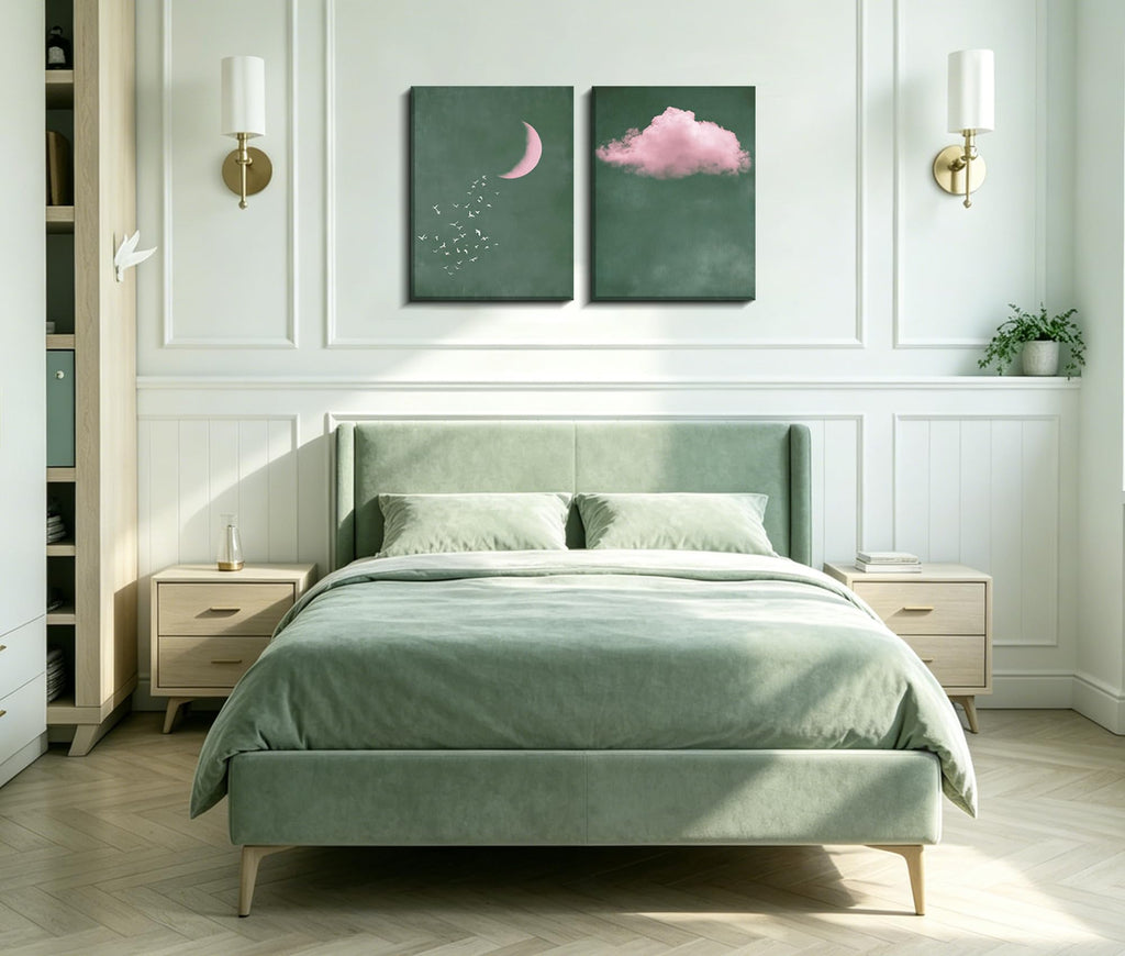 Pink and Green Moon Canvas Canvas Wall Art Set of 2, 12x16 Inches