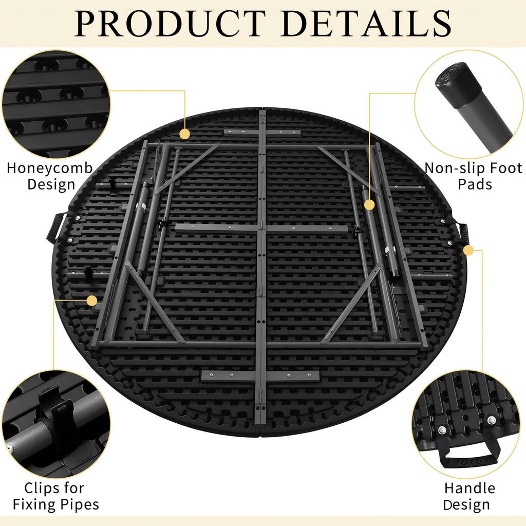 5 FT Round Folding Tables with Carrying Handle 60 inch Heavy Duty Portable Plastic Commercial Table Steel Legs for