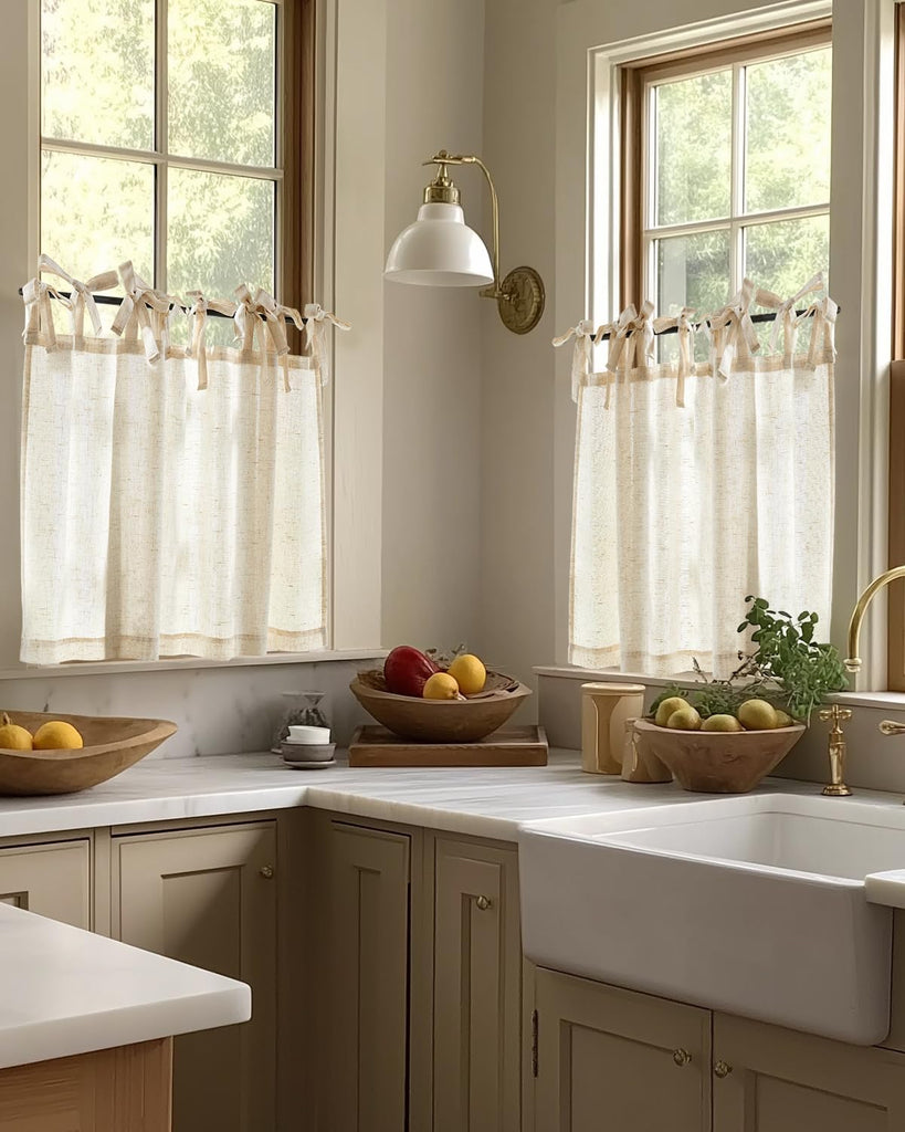 Tie Top Linen Kitchen Curtains Over Sink 24 Inch Length Tier Curtains Farmhouse Rustic Small Cafe Curtain for Bedroom
