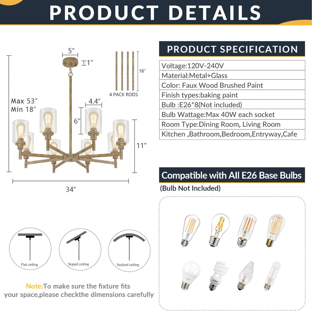 8-Light Rustic Farmhouse Chandelier 34", Dining Room Chandelier Over Table