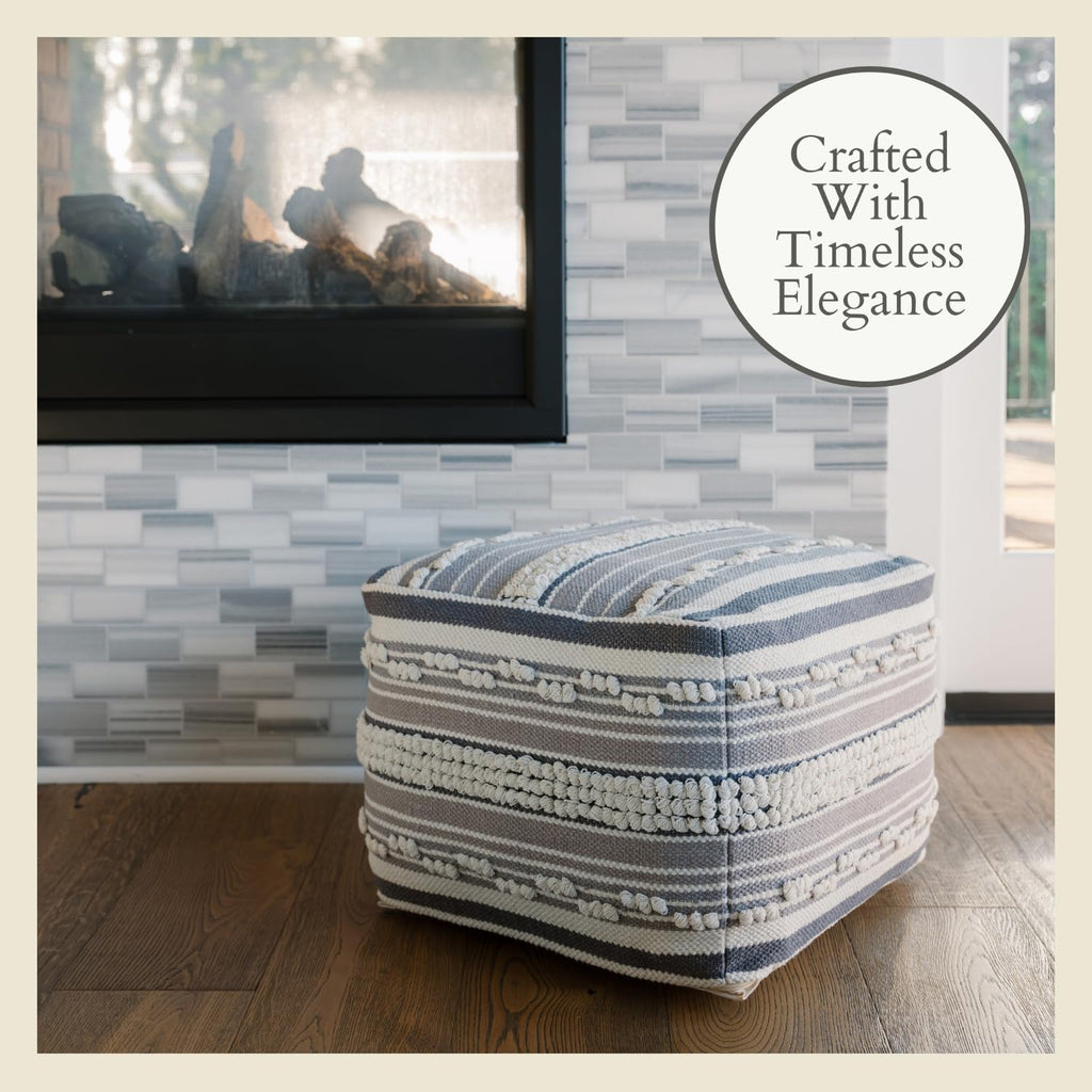 Pouf Ottoman, Square, Hand Woven Loop and Striped, Home Decor