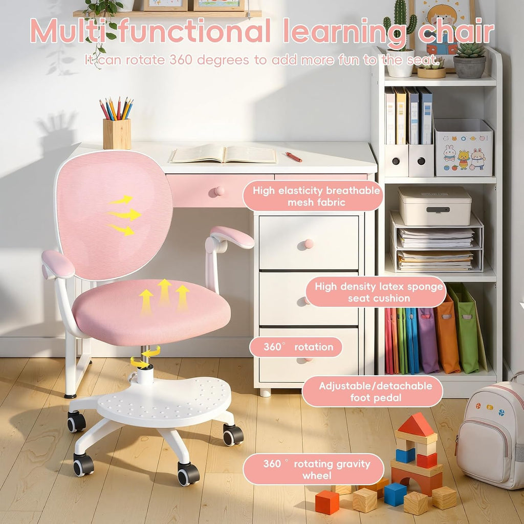 Kids Desk Chair with Adjustable Footrest and Flip Arms for Study