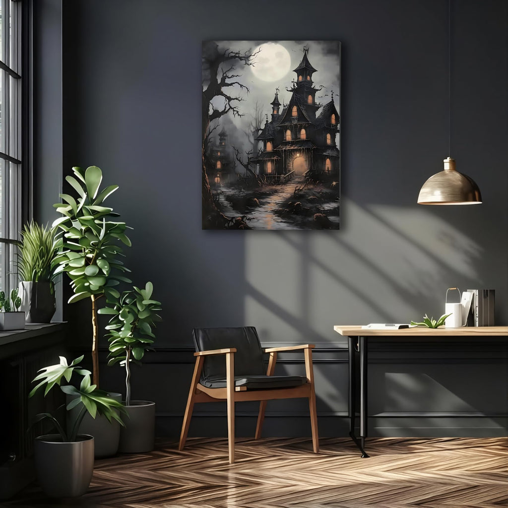 Vintage Dracula's Castle on Moonlit Night Canvas Art, Halloween Print, Horror Dark Academia Decor Pictures, Framed