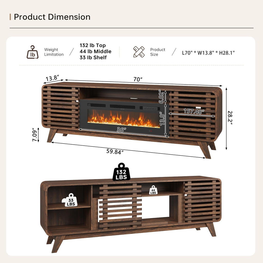 70" Fireplace TV Stand, Walnut