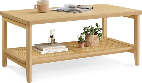 2-Tier Coffee Table, Rectangular Living Room Table, with PVC Rattan Storage Shelf, Rounded Corners, Easy Assembly