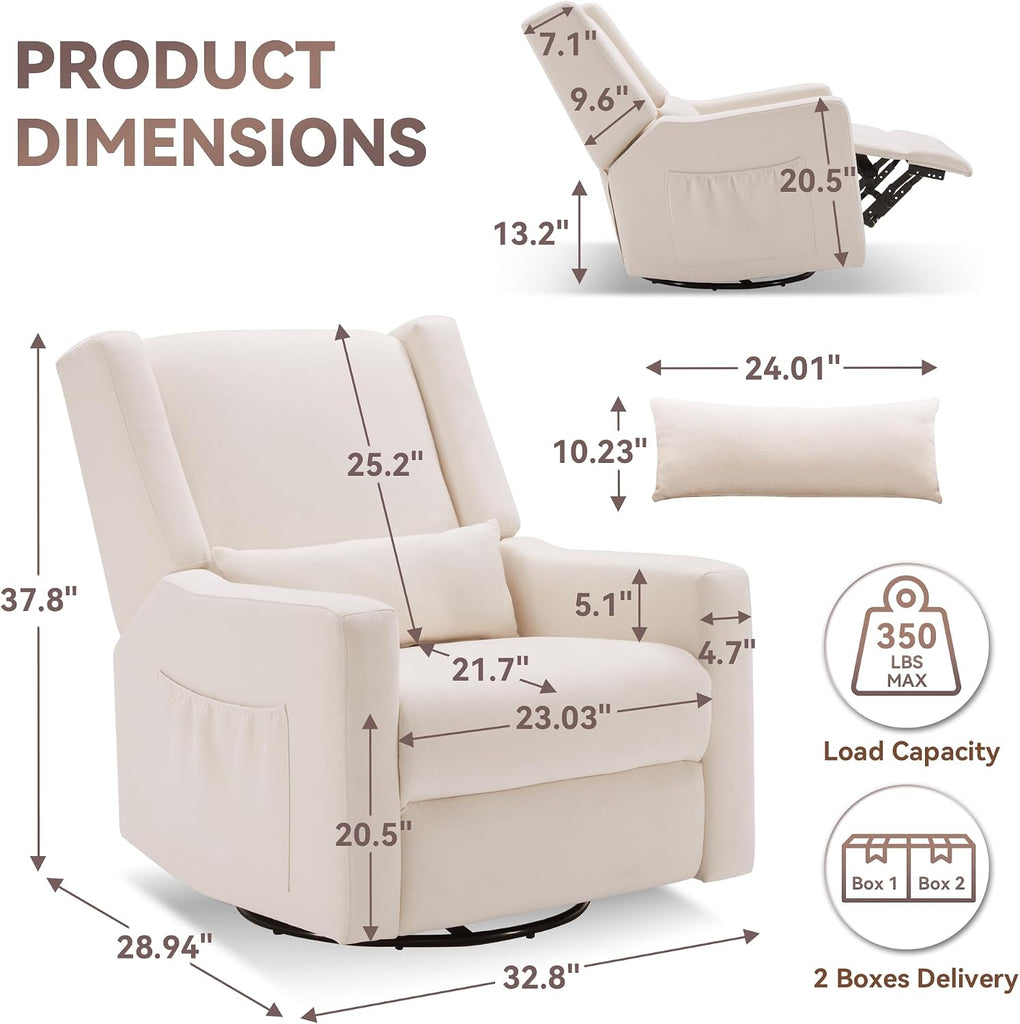 32" Nursery Rocking Chair, 360° Swivel Recliner Chair with Lumbar Support, Comfy Upholstered Armchair with Pillows &