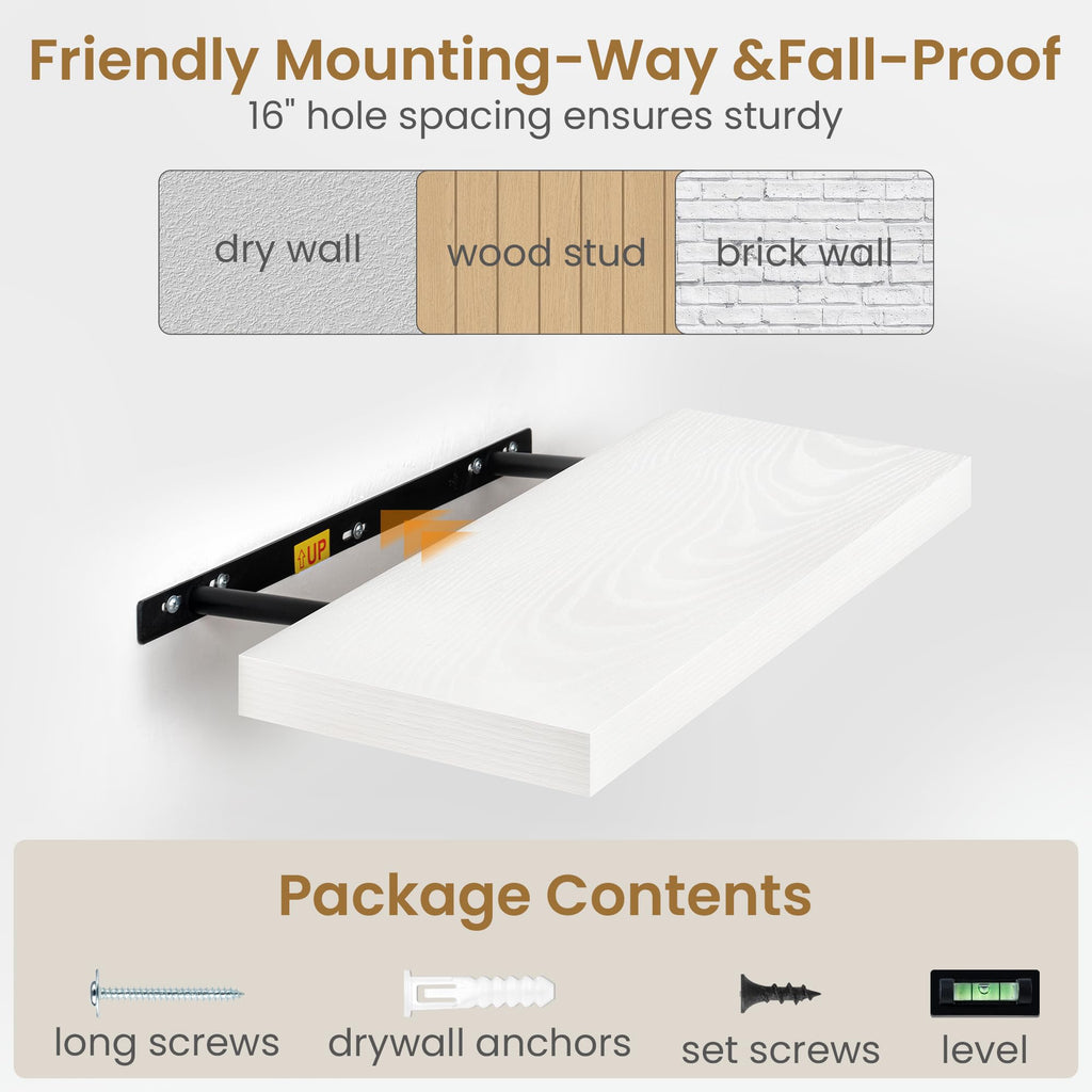 48 Inch Floating Shelves in White, 9.3 Inch Deep Wall Shelves, Deep Long Shelf Wall Mounted 1 Pack Shelf for Books