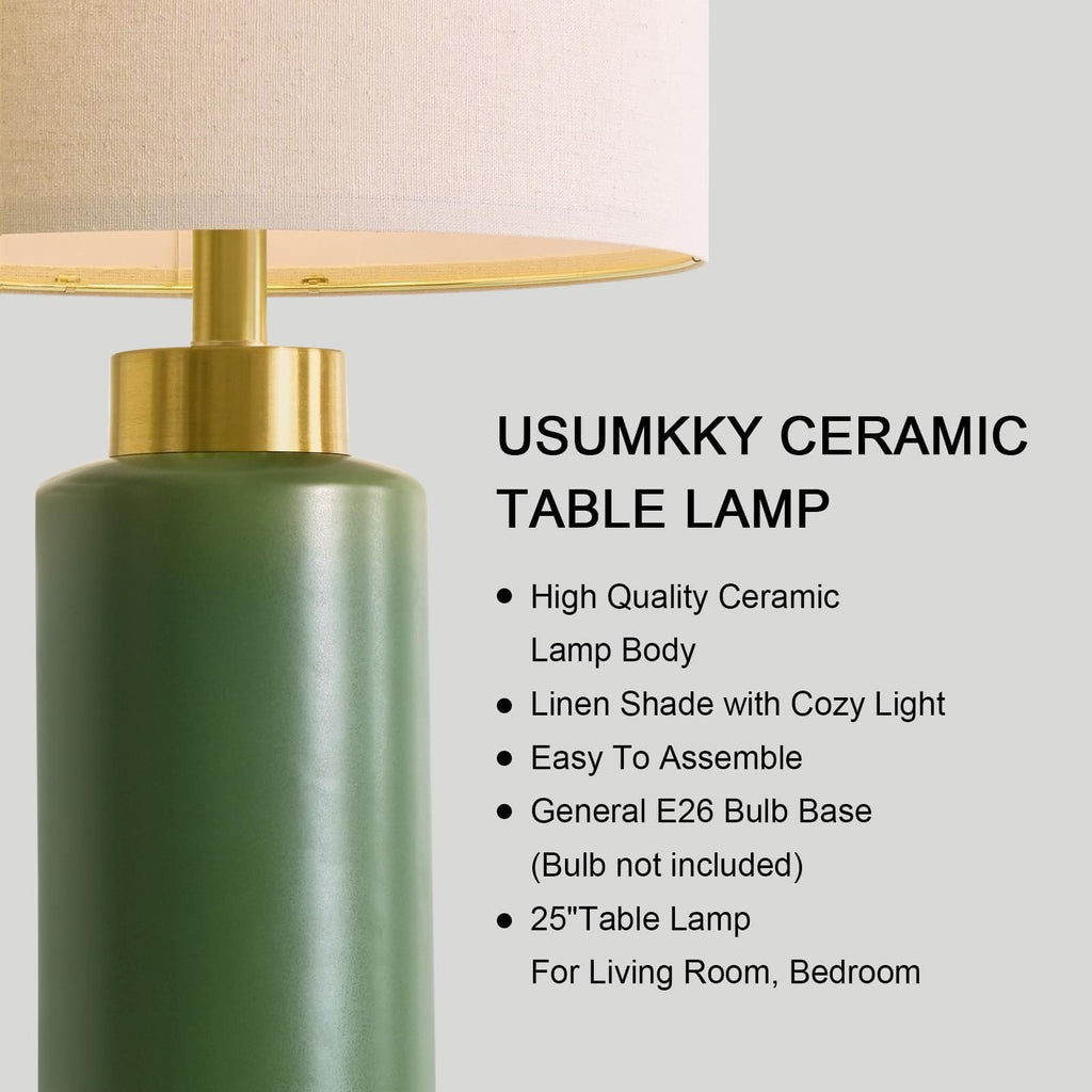 25" Green Ceramic Table Lamp Set of 2, Modern Mid-Century Bedside Nightstand Lamps Living Room, Linen Shade & Gold