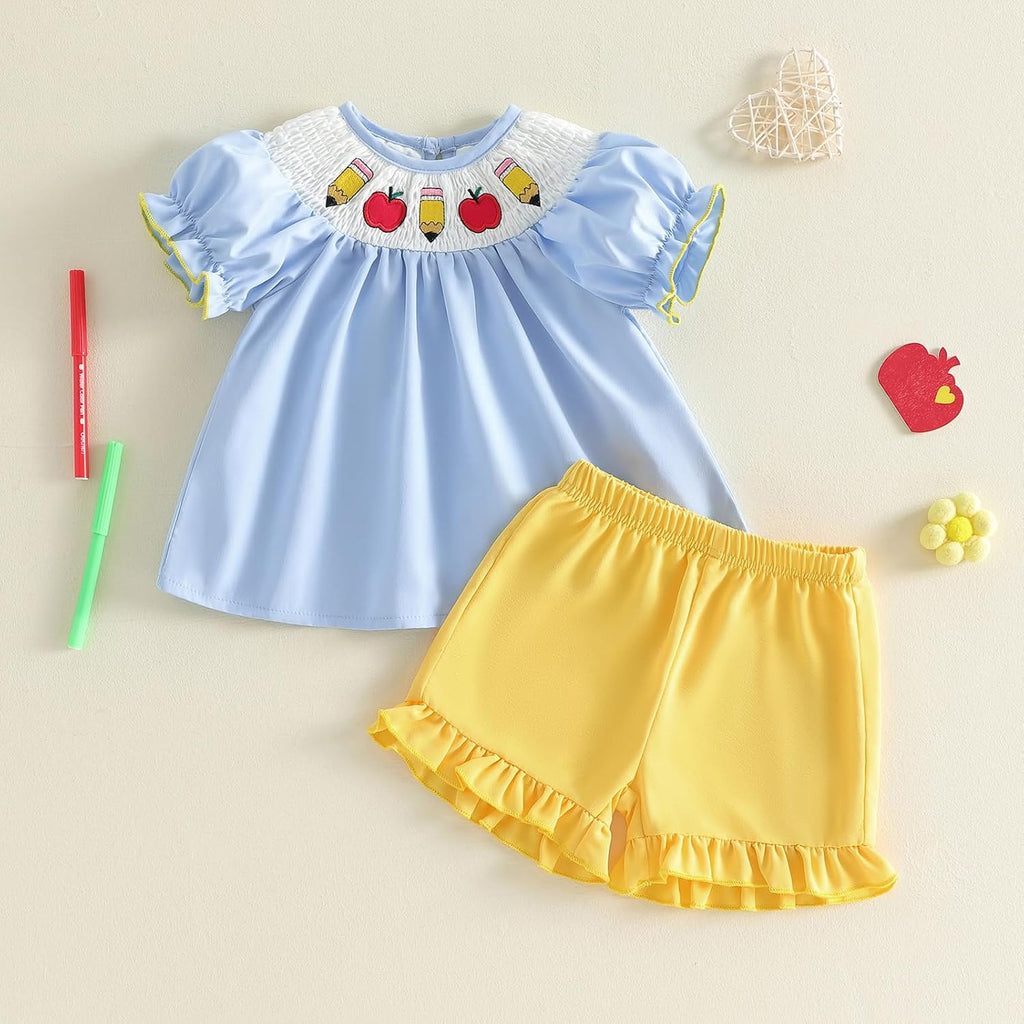 Back to School Little Toddler Girls Outfit Pre K First Day of School Smocked T-Shirt Dress Top Ruffle Shorts Set