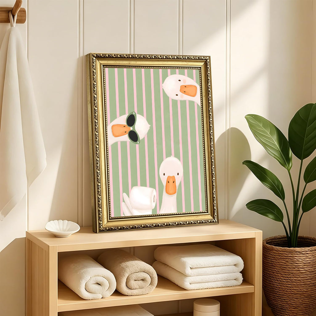 Funny Goose Bathroom Wall Art Cute Silly Gooses Toilet Wall Decor Painting, Green Pink Stripes Animal Poster Canvas
