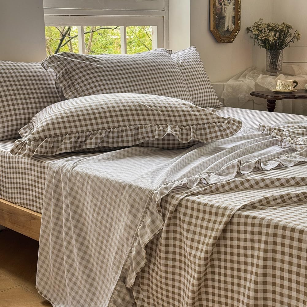 Tan Gingham Ruffle King Sheet Set, Taupe Soft Pre-Washed Microfiber Plaid King Bed Sheets, 4-Pieces Farmhouse Sheet