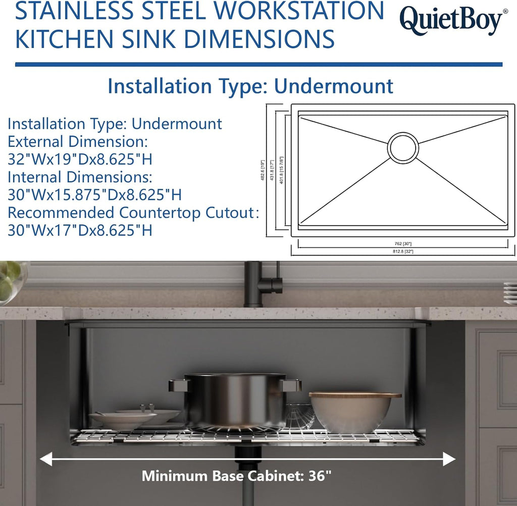 Black Stainless Steel Kitchen Sink: 32in Single Bowl Undermount Workstation | 8.625" Deep Single Bowl 304 Stainless