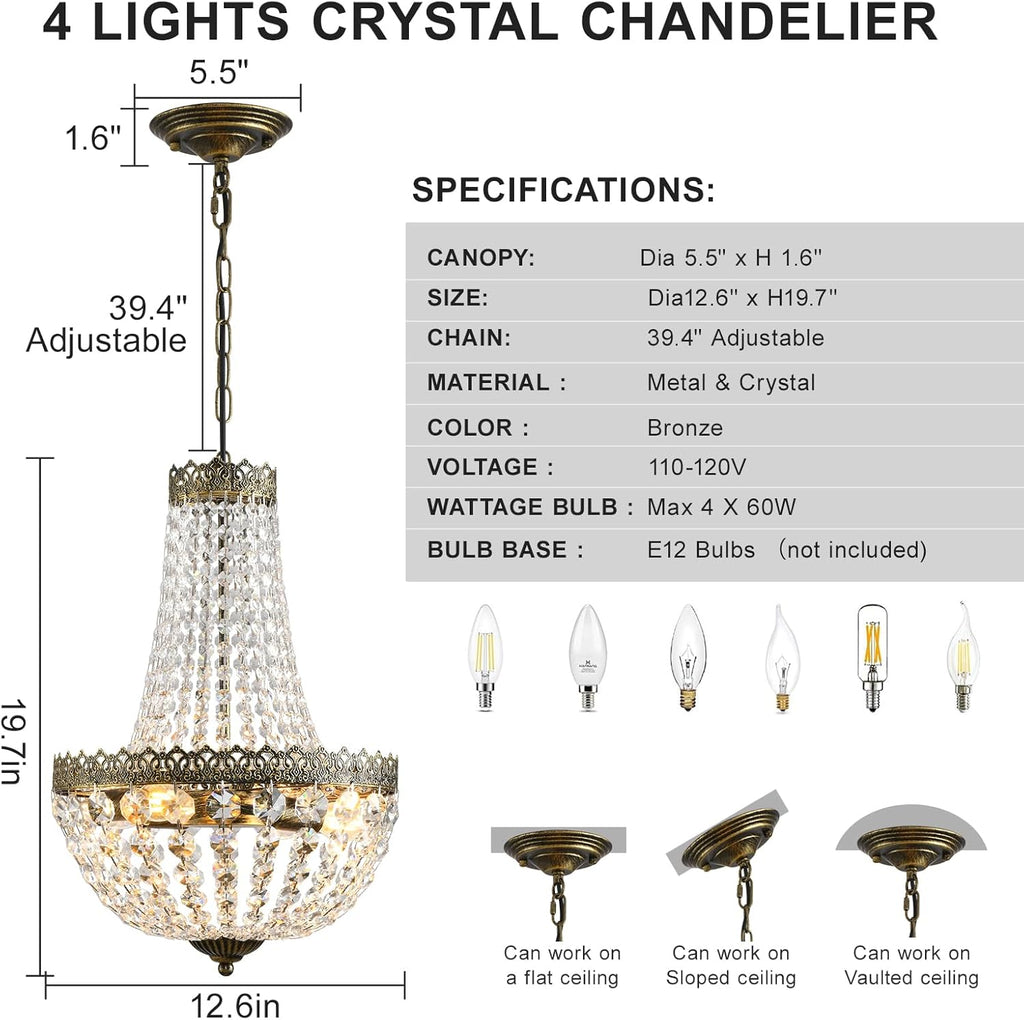 4 Lights French Empire Mini Crystal Chandelier Farmhouse Pendant Lighting, Bronze Finish Ceiling Light Fixture for Dining Room Bedroom Foyer Living Room, W12.6 x H19.7 A108-B0BP5Y32D1
