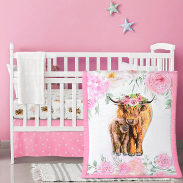 3 Pcs Highland Cow Baby Girl Crib Bedding Set Soft & Thick