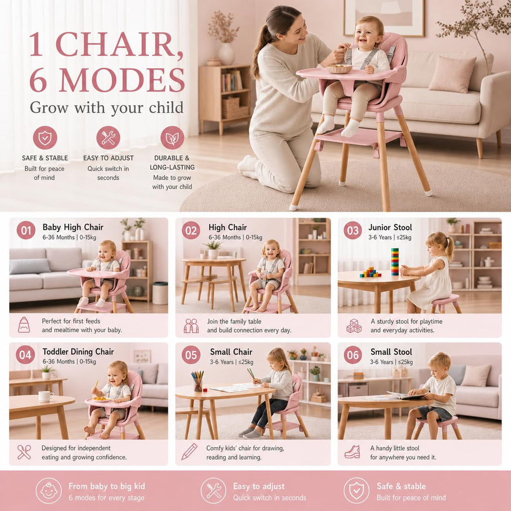 High Chair, 6 in 1 Convertible High Chairs for Babies and Toddlers