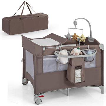 Play Yard with Bassinet, 5-in-1 Baby Bedside Sleeper w/Diaper Changing Table & Storage Bag, Toy Arch & Music Box