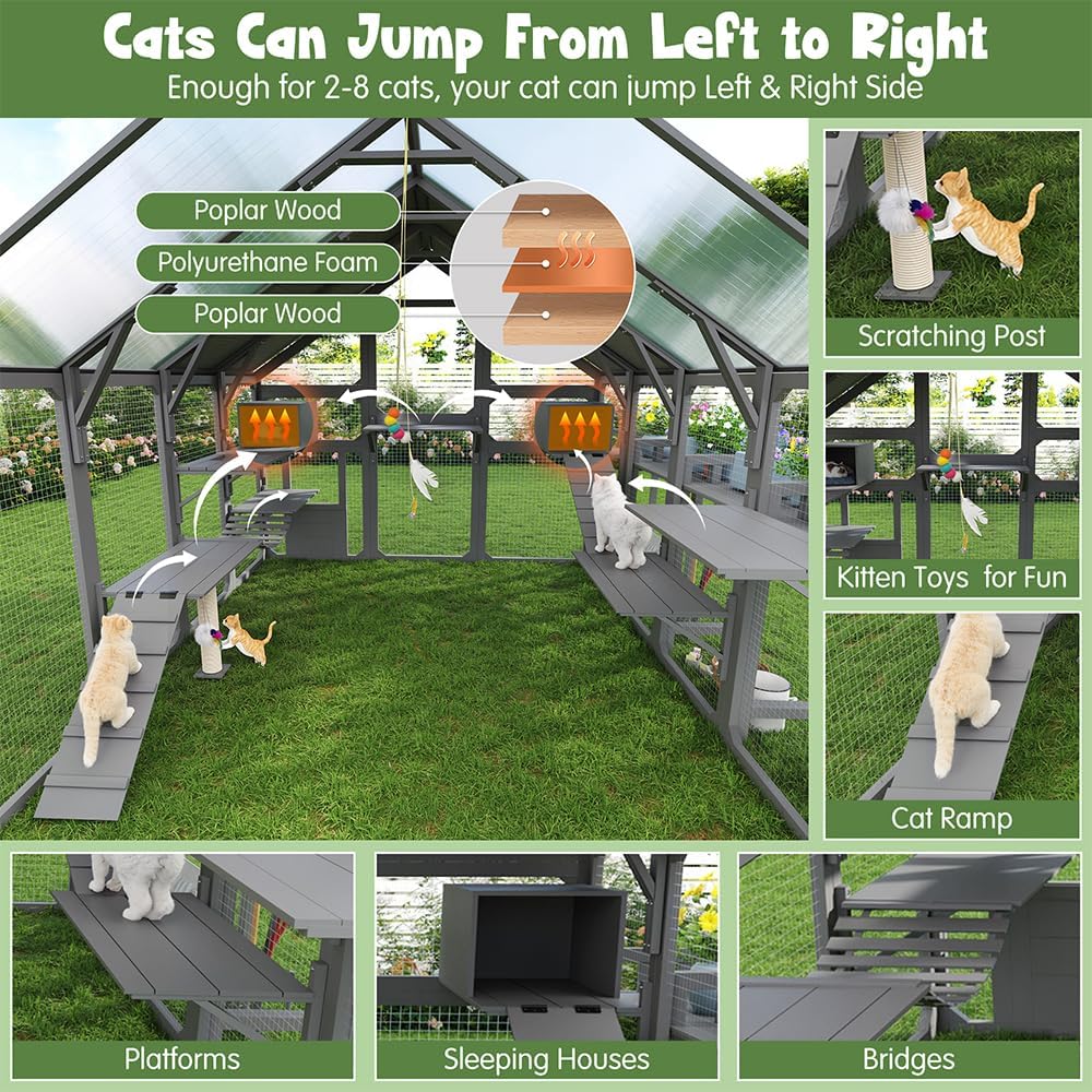 Extra Large Catio Outdoor Cat Enclosure, Freestanding Walk-in Wooden Cat House with Planter Stand, Hanging Bridge
