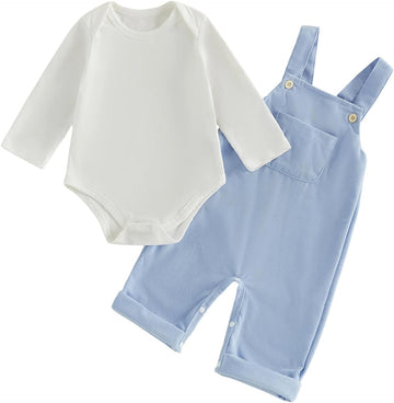 Newborn Baby Boy Clothes Infant Long Sleeve Romper Waffle Suspender Overalls Pants Hat Set Fall Winter Outfits
